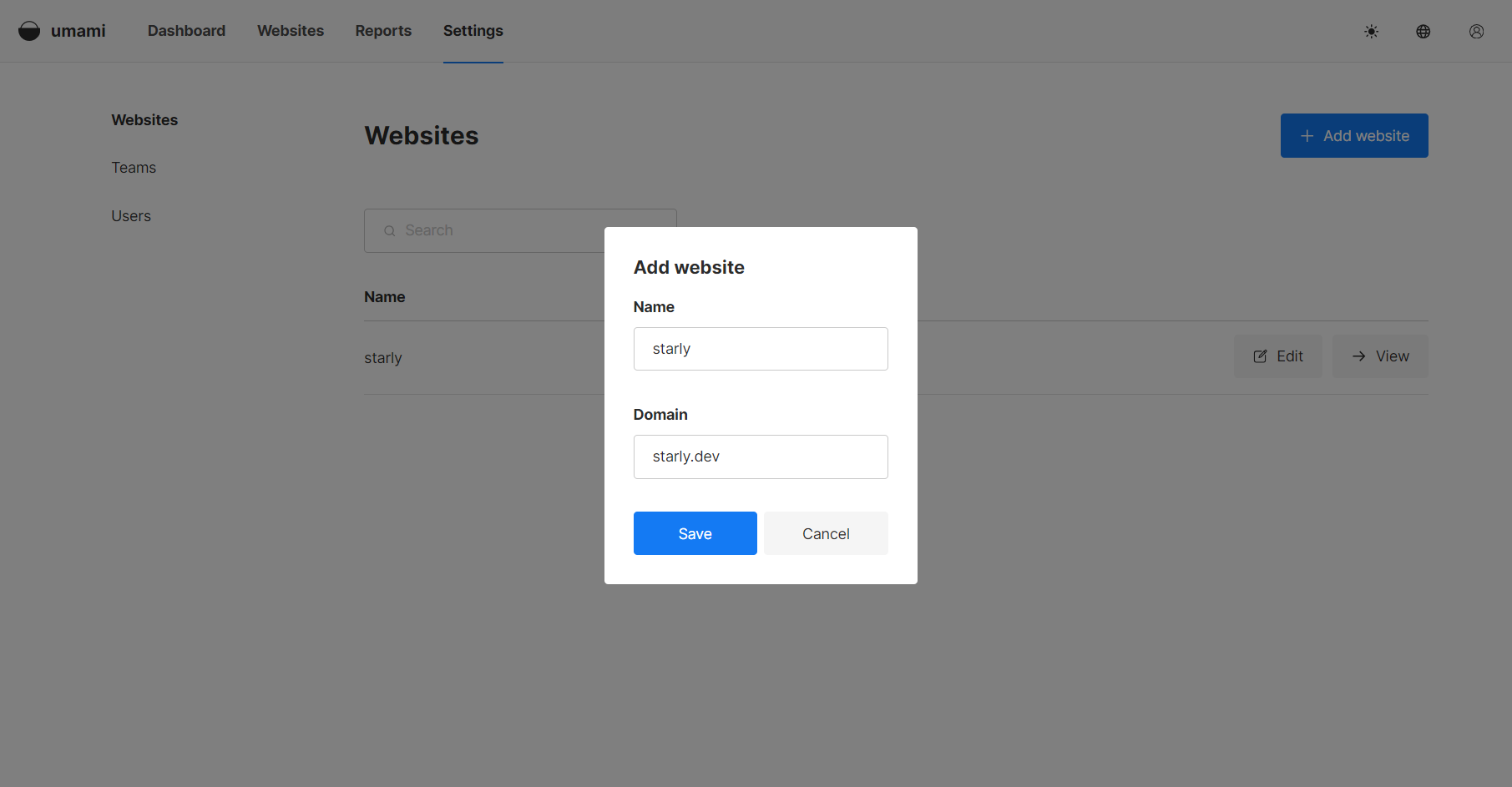 screenshot of adding a website in umami